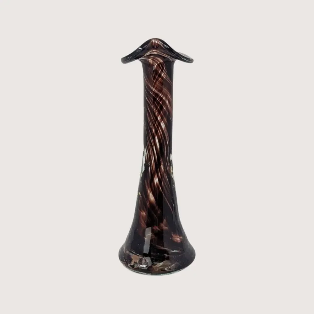 1970s Murano Style Brown Swirl Art Glass Bud Vase with Bicorn Rim